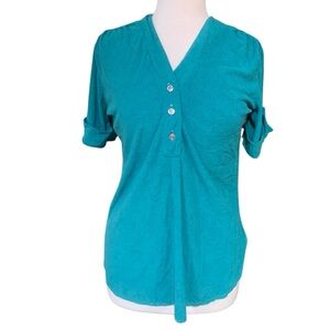 70’s era teal terry cloth elbow sleeved v neck shirt size M